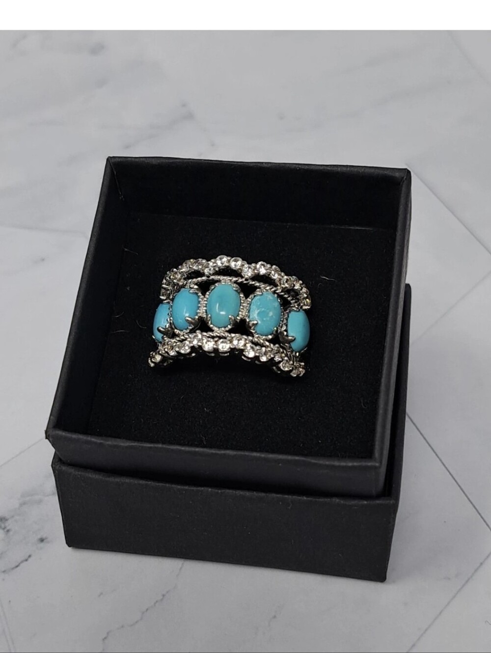 DK 925 Sterling Silver 5 Stone Sleeping Beauty Turquoise Ring Cz - Size 8.5